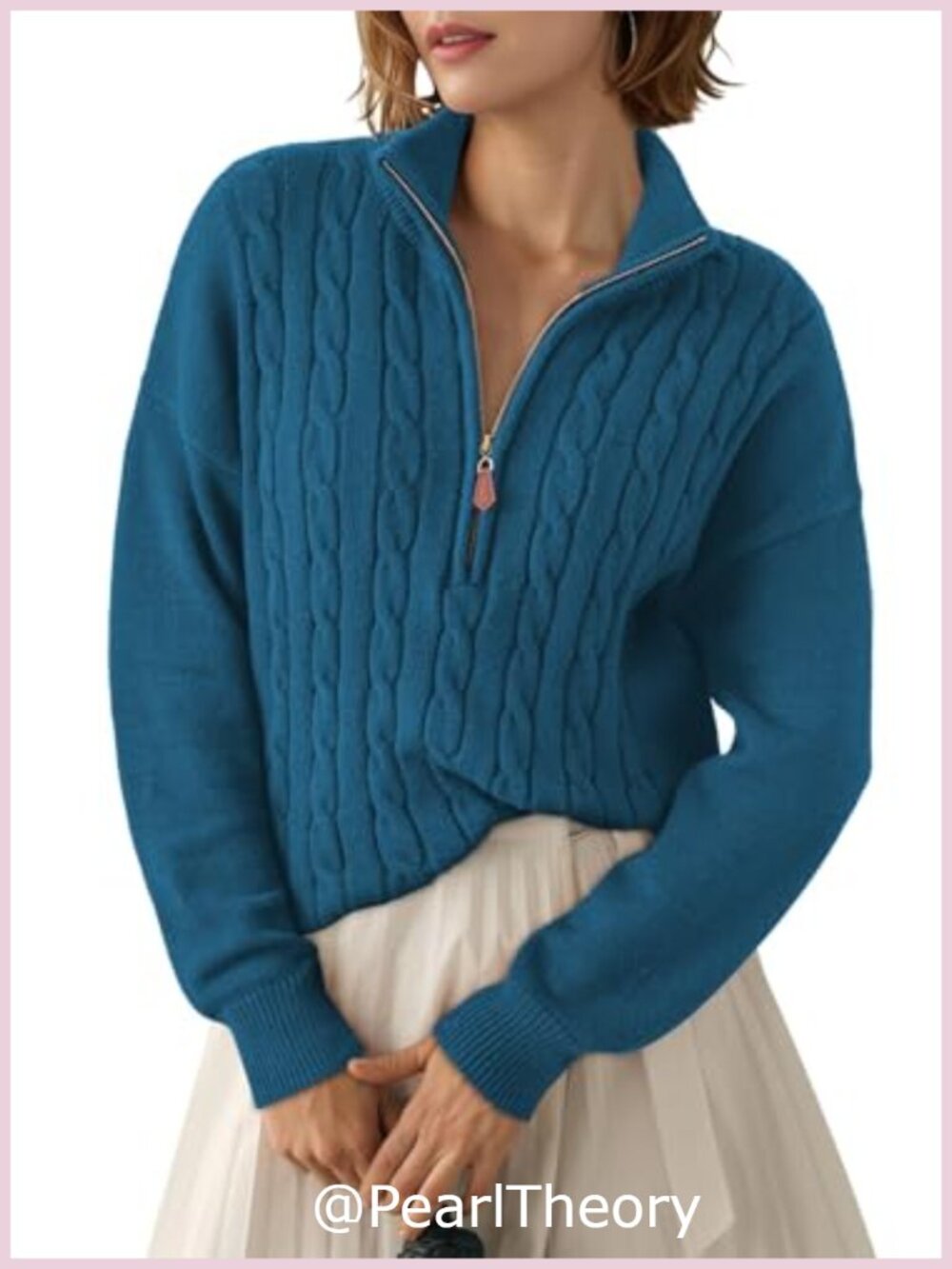 Ribbed Cable Knit Quarter Zip V-Neck Pullover Sweater Relaxed Fit